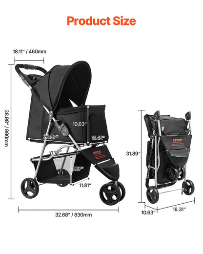 The Growing Mart Foldable 3 Wheel Pet Stroller with Brake for Safe Travel
